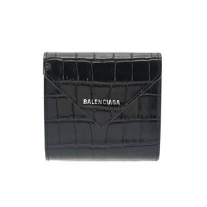 BALENCIAGA Paper Compact Wallet Black Crocodile Tri Fold